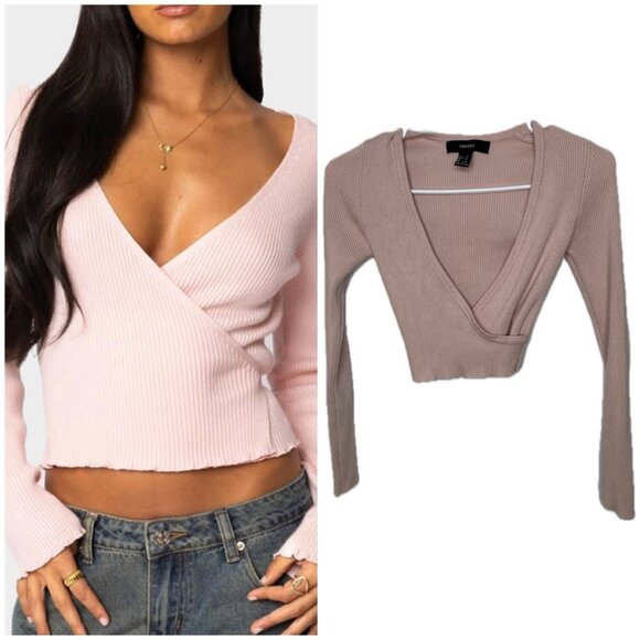 Forever 21 Women’s Knit Ribbed Cropped Crossover Top Blush S - Picture 1 of 8